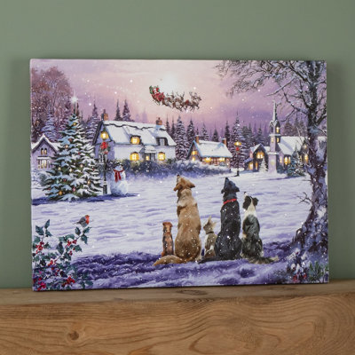 Samuel Alexander 40 X 30Cm Battery Operated Light Up Fibre Optic Dogs Watching Santa Christmas Wall Canvas from B&Q