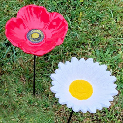 Selections Cast Iron Daisy & Poppy Bird Feeder Flower Dish Set
