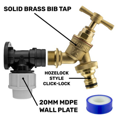 Cost Wise Outside Tap Kit,20mm Mdpe Wallplate/elbow Backplate+ Bib Tap+Ptfe Tape,brass Garden Tap For Hose from B&Q