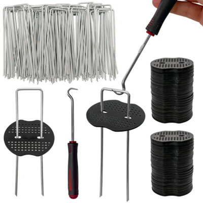 Cost Wise Pack Of 200 Weed Matting Hold Down Pegs With 200 Buffer Plates+Removal Tool from B&Q