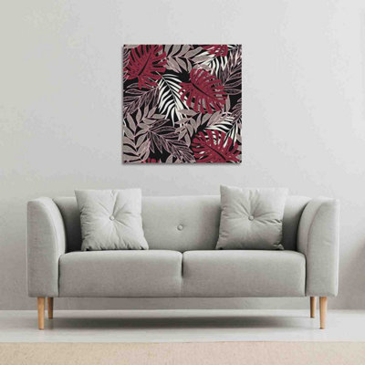 Andrew Lee Tropical Leaves In RedWhite & Grey (Canvas Print) / 101 X 101 X 4Cm from B&Q