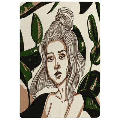 Benjamin Tate Design Young Woman In Tropical Leaves Designer Special Soft Home Rug from B&Q