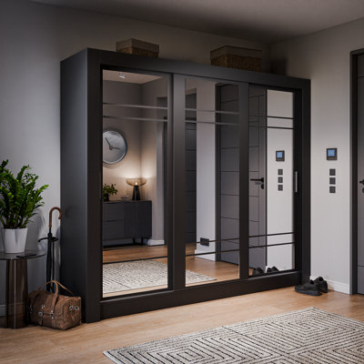 Arte Lux Ii Modern Mirrored Sliding Door Wardrobe (H2150mm W2500mm D600mm)Black Matt from B&Q