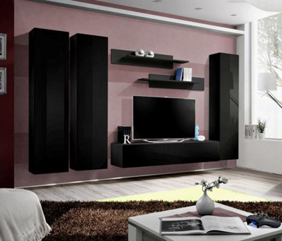 Arte Fly C1 Black Gloss Entertainment Unit 310CmDramatic Modular Media Wall For Tvs Up To 65 Inch from B&Q