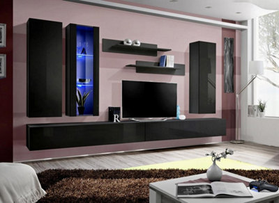 Arte Fly E4 Black Gloss Entertainment Unit 320CmDramatic Led Media Wall For Tvs Up To 75 Inch from B&Q