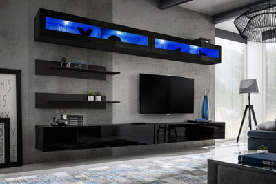 Arte Fly I2 Black Gloss Entertainment Unit 320CmDramatic Led Media Wall For Tvs Up To 75" from B&Q