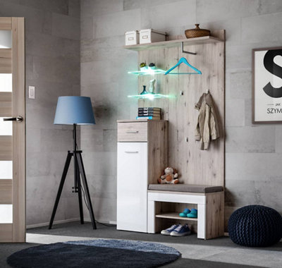 Arte Gustavo I Hallway Set In Oak Wellington & White GlossComplete Led-Lit Entryway Station With CabinetBench & Hanger from B&Q