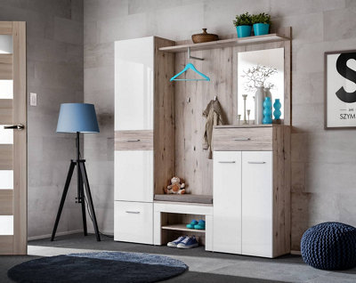 Arte Gustavo Iii Hallway Set In Oak Wellington & White GlossFlexible Entryway System With Tall StorageBench & Mirror from B&Q