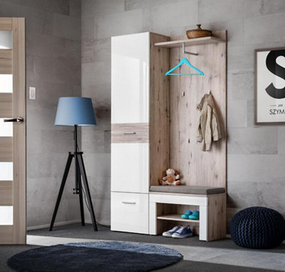 Arte Gustavo V Hallway Set With Bench Cushion In Oak Wellington & White GlossCosy CoatShoe & Seating Station from B&Q