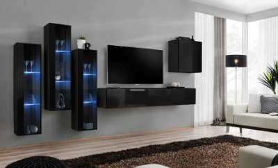 Arte Switch Xiii Black Gloss Entertainment Unit For Tvs Up To 75 InchSleek Modern Wall System With Blue Led Display from B&Q