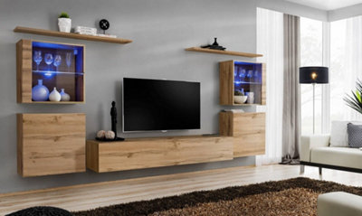 Arte Switch Xiv Oak Wotan Entertainment Unit For Tvs Up To 75 InchWarm Natural Design With Illuminated Glass Cabinets from B&Q