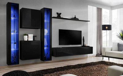 Arte Switch Xvi Black Gloss Entertainment Unit For Tvs Up To 75 InchSleek Wall Display With Illuminated Glass Shelves from B&Q