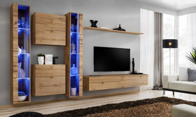 Arte Switch Xvi Oak Wotan Entertainment Unit For Tvs Up To 75 InchWarm Modern Wall Display With Led Glass Highlights from B&Q