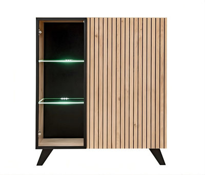 Arte Liam Display Cabinet 90CmOak Hickory & Black Modern Elegance With Led-Lit Glass Shelves from B&Q