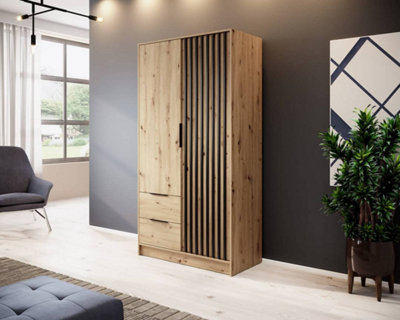 Arte Nelly Contemporary Hinged 2 Door Wardrobe Oak Effect 2 Drawers 4 Shelves 1 Hanging Rail Lamela Decor (H)2000mm (W)1050mm (D)510mm from B&Q