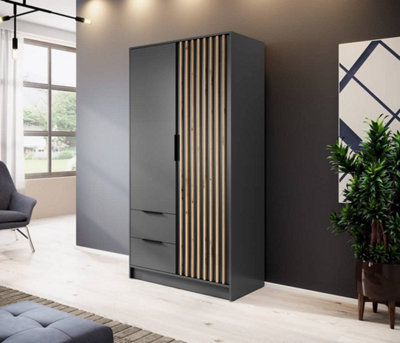 Arte Nelly Contemporary Hinged 2 Door Wardrobe Graphite 2 Drawers 4 Shelves 1 Hanging Rail Lamela Decor (H)2000mm (W)1050mm (D)510mm from B&Q