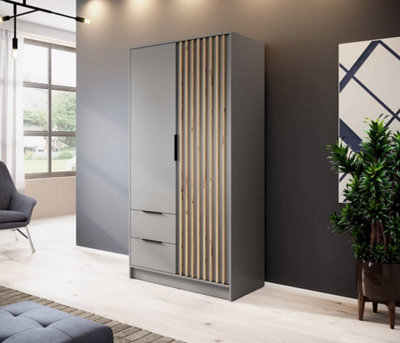Arte Nelly Contemporary Hinged 2 Door Wardrobe Grey 2 Drawers 4 Shelves 1 Hanging Rail Lamela Decor (H)2000mm (W)1050mm (D)510mm from B&Q