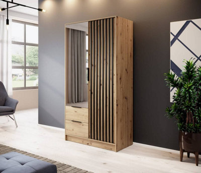 Arte Nelly Contemporary Mirrored Hinged 2 Door Wardrobe Oak Effect 2 Drawers 4 Shelves 1 Rail Lamela Decor (H)2000mm (W)1050mm (D)510mm from B&Q