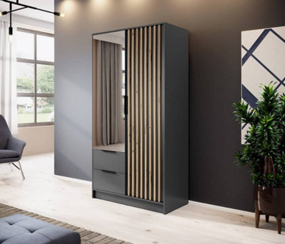 Arte Nelly Contemporary Mirrored Hinged 2 Door Wardrobe Graphite 2 Drawers 4 Shelves 1 Rail Lamela Decor (H)2000mm (W)1050mm (D)510mm from B&Q