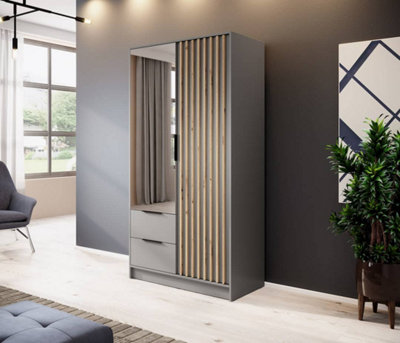 Arte Nelly Contemporary Mirrored Hinged 2 Door Wardrobe Grey 2 Drawers 4 Shelves 1 Rail Lamela Decor (H)2000mm (W)1050mm (D)510mm from B&Q