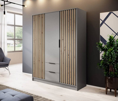 Arte Nelly Contemporary Hinged 3 Door Wardrobe Grey 2 Drawers 8 Shelves 1 Hanging Rail Lamela Decor (H)2000mm (W)1550mm (D)510mm from B&Q