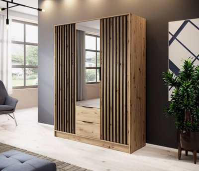 Arte Nelly Contemporary Mirrored Hinged 3 Door Wardrobe Oak Effect 2 Drawers 8 Shelves 1 Rail Lamela Decor (H)2000mm (W)1550mm (D)510mm from B&Q