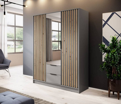 Arte Nelly Contemporary Mirrored Hinged 3 Door Wardrobe Grey 2 Drawers 8 Shelves 1 Rail Lamela Decor (H)2000mm (W)1550mm (D)510mm from B&Q
