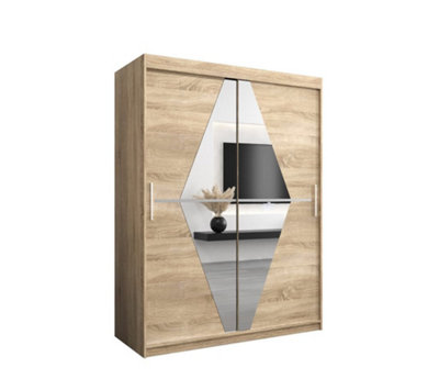 Arte Boliwia Contemporary 2 Mirrored Sliding Door Wardrobe 5 Shelves 2 Rails Sonoma Oak Effect (H)2000mm (W)1500mm (D)620mm from B&Q