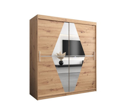 Arte Boliwia Contemporary 2 Mirrored Sliding Door Wardrobe 9 Shelves 2 Rails Artisan Oak Effect (H)2000mm (W)1800mm (D)620mm from B&Q