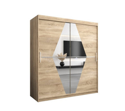 Arte Boliwia Contemporary 2 Mirrored Sliding Door Wardrobe 9 Shelves 2 Rails Sonoma Oak Effect (H)2000mm (W)1800mm (D)620mm from B&Q