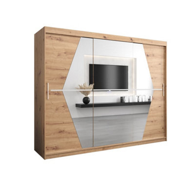 Arte Boliwia Contemporary 2 Mirrored Sliding Door Wardrobe 9 Shelves 2 Rails Artisan Oak Effect (H)2000mm (W)2500mm (D)620mm from B&Q