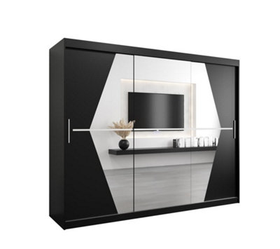Arte Boliwia Contemporary 2 Mirrored Sliding Door Wardrobe 9 Shelves 2 Rails Black (H)2000mm (W)2500mm (D)620mm from B&Q
