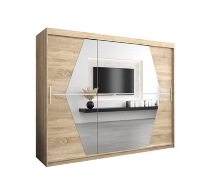 Arte Boliwia Contemporary 2 Mirrored Sliding Door Wardrobe 9 Shelves 2 Rails Sonoma Oak Effect (H)2000mm (W)2500mm (D)620mm from B&Q