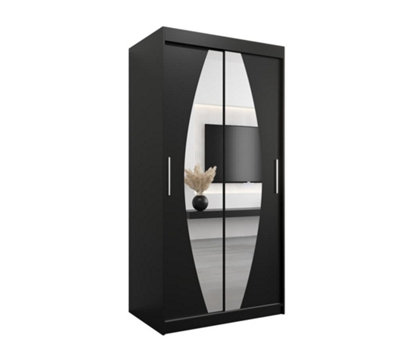Arte Elypse Contemporary 2 Mirrored Sliding Door Wardrobe 5 Shelves 2 Rails Black (H)2000mm (W)1000mm (D)620mm from B&Q