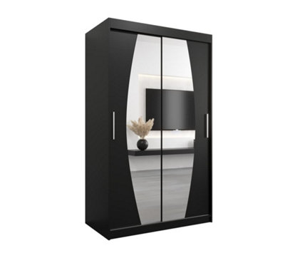 Arte Elypse Contemporary 2 Mirrored Sliding Door Wardrobe 5 Shelves 2 Rails Black (H)2000mm (W)1200mm (D)620mm from B&Q