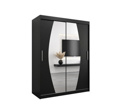Arte Elypse Contemporary 2 Mirrored Sliding Door Wardrobe 5 Shelves 2 Rails Black (H)2000mm (W)1500mm (D)620mm from B&Q