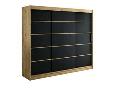 Arte Leto T Contemporary 3 Sliding Door Wardrobe 9 Shelves 2 Rails Black Matt And Oak Artisan Effect H2000mm W2500mm D620mm from B&Q