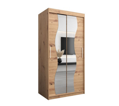 Arte Madrid Contemporary 2 Mirrored Sliding Door Wardrobe 5 Shelves 2 Rails Oak Artisan Effect (H)2000mm (W)1000mm (D)620mm from B&Q