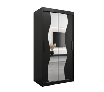 Arte Madrid Contemporary 2 Mirrored Sliding Door Wardrobe 5 Shelves 2 Rails Black Matt (H)2000mm (W)1000mm (D)620mm from B&Q