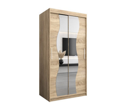 Arte Madrid Contemporary 2 Mirrored Sliding Door Wardrobe 5 Shelves 2 Rails Oak Sonoma Effect (H)2000mm (W)1000mm (D)620mm from B&Q