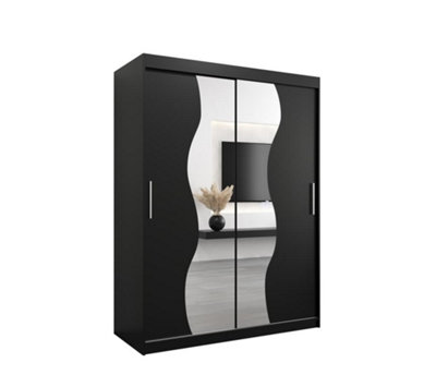Arte Madrid Contemporary 2 Mirrored Sliding Door Wardrobe 5 Shelves 2 Rails Black Matt (H)2000mm (W)1500mm (D)620mm from B&Q
