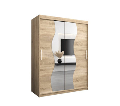 Arte Madrid Contemporary 2 Mirrored Sliding Door Wardrobe 5 Shelves 2 Rails Oak Sonoma Effect (H)2000mm (W)1500mm (D)620mm from B&Q