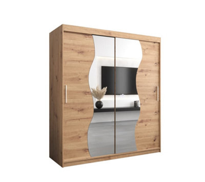 Arte Madrid Contemporary 2 Mirrored Sliding Door Wardrobe 9 Shelves 2 Rails Oak Artisan Effect (H)2000mm (W)1800mm (D)620mm from B&Q