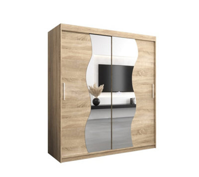 Arte Madrid Contemporary 2 Mirrored Sliding Door Wardrobe 9 Shelves 2 Rails Oak Sonoma Effect (H)2000mm (W)1800mm (D)620mm from B&Q