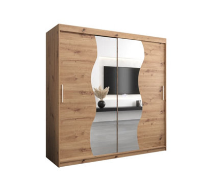 Arte Madrid Contemporary 2 Mirrored Sliding Door Wardrobe 9 Shelves 2 Rails Oak Artisan Effect (H)2000mm (W)2000mm (D)620mm from B&Q