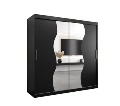 Arte Madrid Contemporary 2 Mirrored Sliding Door Wardrobe 9 Shelves 2 Rails Black Matt (H)2000mm (W)2000mm (D)620mm from B&Q