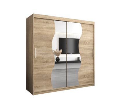 Arte Madrid Contemporary 2 Mirrored Sliding Door Wardrobe 9 Shelves 2 Rails Oak Sonoma Effect (H)2000mm (W)2000mm (D)620mm from B&Q