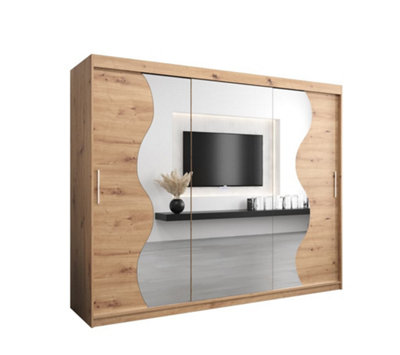 Arte Madrid Contemporary 3 Mirrored Sliding Door Wardrobe 9 Shelves 2 Rails Oak Artisan Effect (H)2000mm (W)2500mm (D)620mm from B&Q