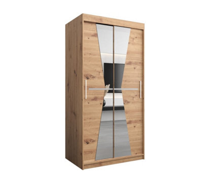 Arte Morocco Contemporary 2 Mirrored Sliding Door Wardrobe 5 Shelves 2 Rails Oak Artisan Effect (H)2000mm (W)1000mm (D)620mm from B&Q