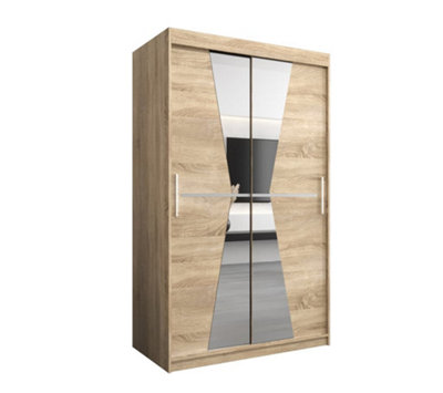 Arte Morocco Contemporary 2 Mirrored Sliding Door Wardrobe 5 Shelves 2 Rails Oak Sonoma Effect (H)2000mm (W)1200mm (D)620mm from B&Q